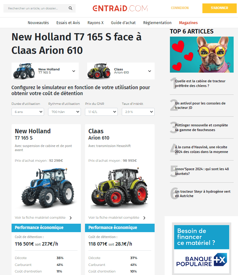 comparer le prix des matériels agricoles : tracteur Claas Arion 610 et le T7 165S New Holland