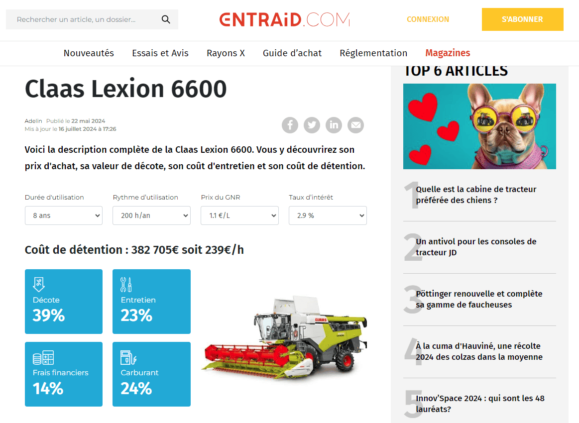 Rayons X Claas Lexion 6600 prix cout entretien